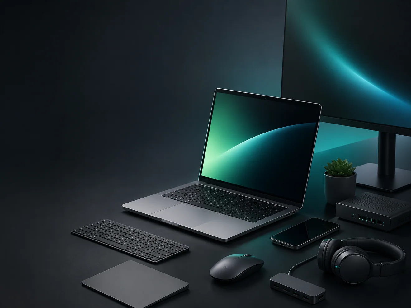 Modern workplace equipment including a laptop, monitor, keyboard, mouse and network device