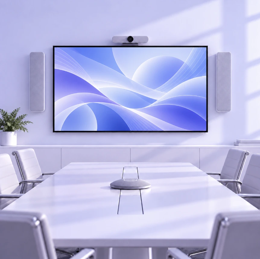 Modern conference room with video conferencing display and meeting-room equipment