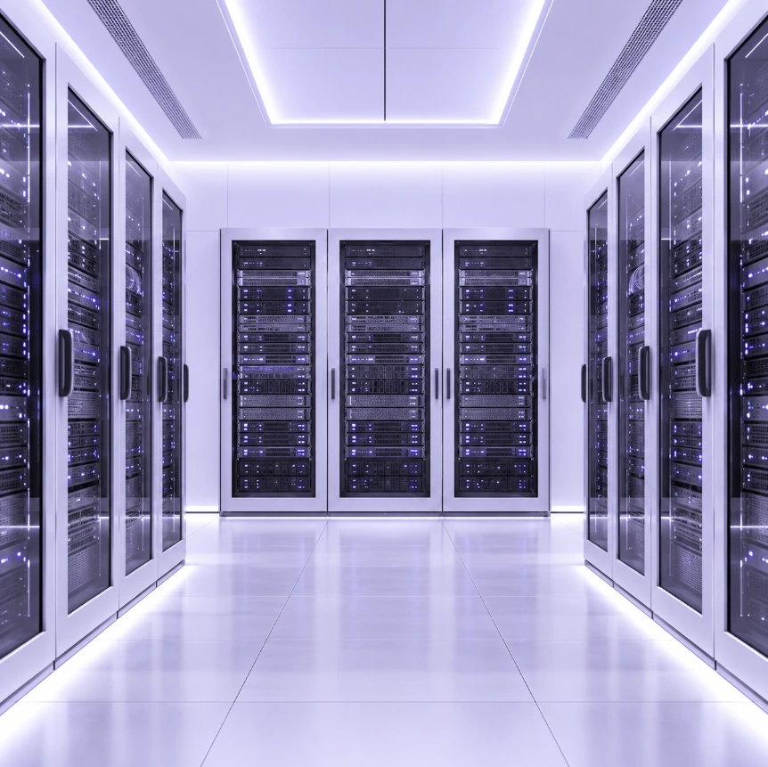 Data center with server racks, networking and storage hardware