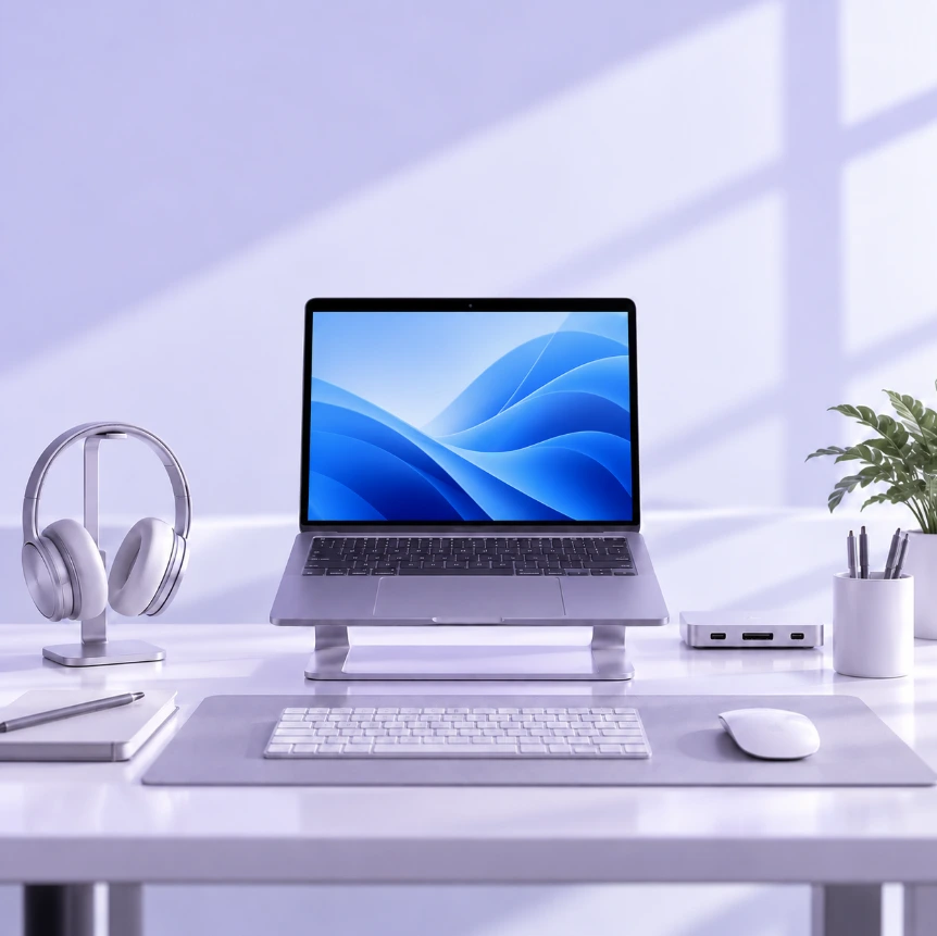 Employee laptop workspace with monitor stand, keyboard and accessories