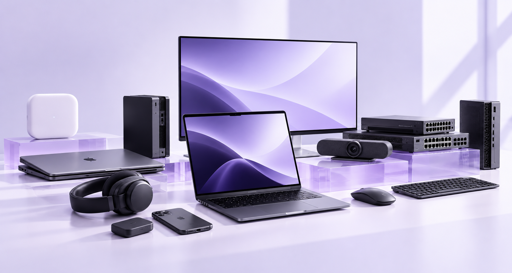 Business IT equipment including laptops, monitors, networking switches and accessories
