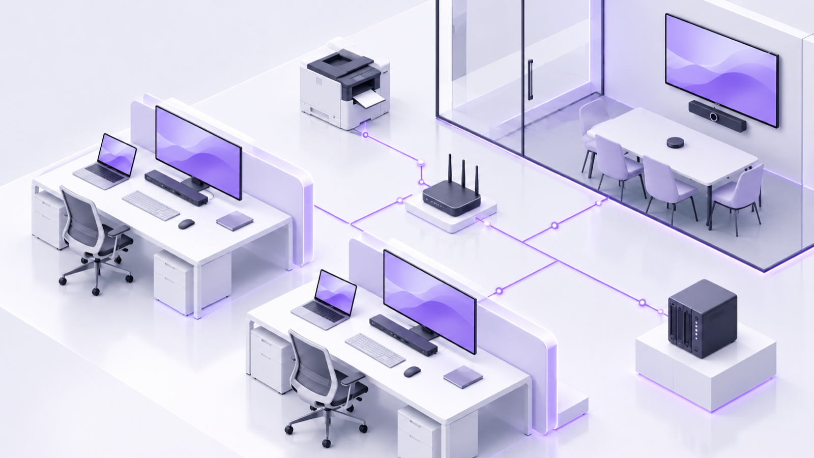 Office IT infrastructure setup with workstations, network, printer and meeting room