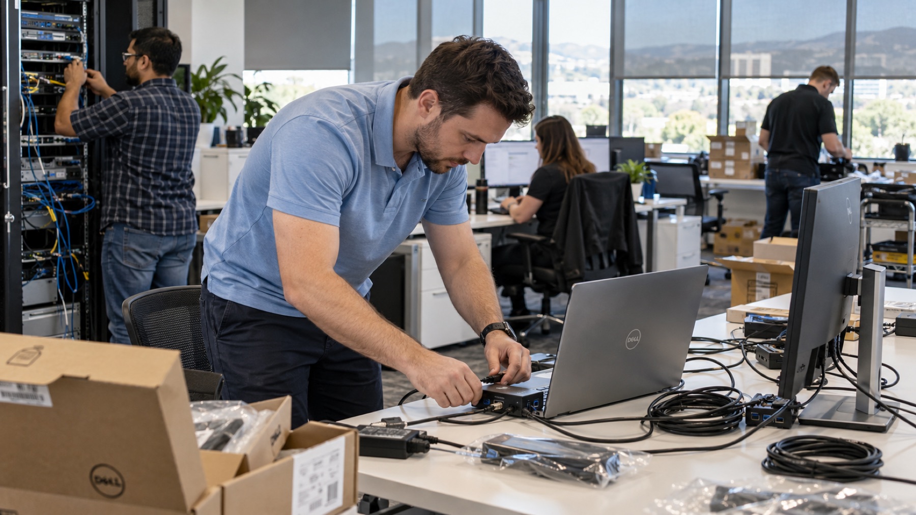 Office IT infrastructure setup with workstations, network, printer and meeting room